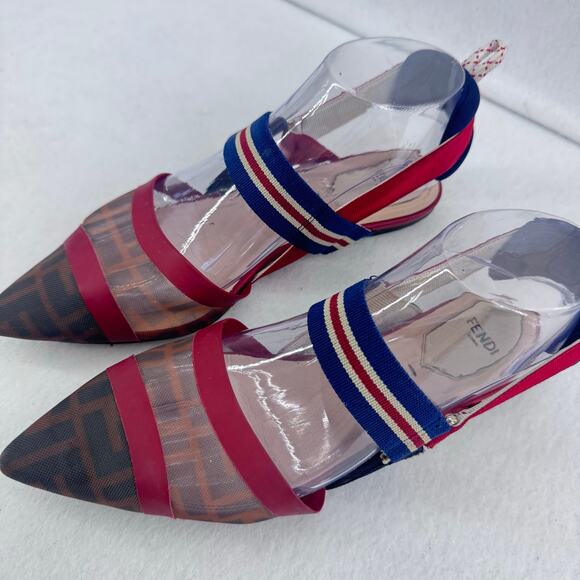 FENDI Colibri red sheer mesh mixed fabric sport strap flats Sz 37 Designer Shoes - Picture 12 of 13